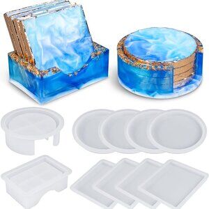 Coaster Resin Molds, Upgraded 10pcs Epoxy Molds Holder Kit with 5 Plastic Droppe